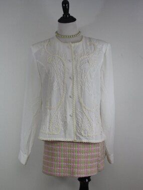 Kathy Che Vintage Cream Pearl Embellished Blouse 10 Coquette Romantic